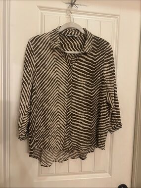 Pigalle L Striped V-Neck Button Front Blouse in Brown & Cream